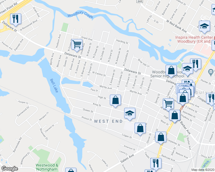 map of restaurants, bars, coffee shops, grocery stores, and more near 442 Myrtle Avenue in Woodbury