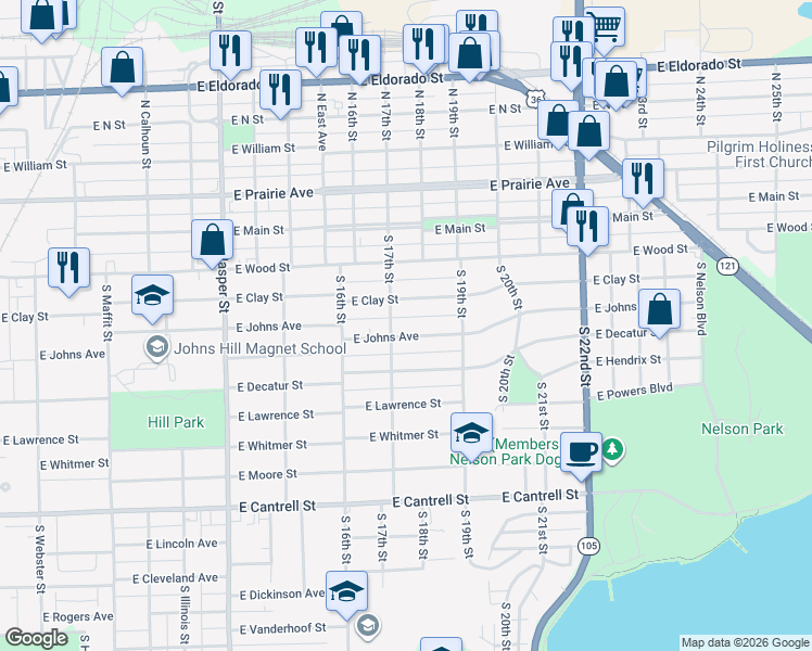 map of restaurants, bars, coffee shops, grocery stores, and more near 1701-1899 E Johns Ave in Decatur