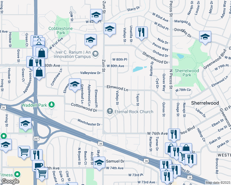map of restaurants, bars, coffee shops, grocery stores, and more near 7826 Vallejo Street in Denver