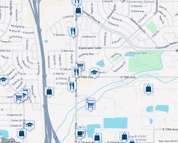map of restaurants, bars, coffee shops, grocery stores, and more near 875 East 78th Avenue in Thornton