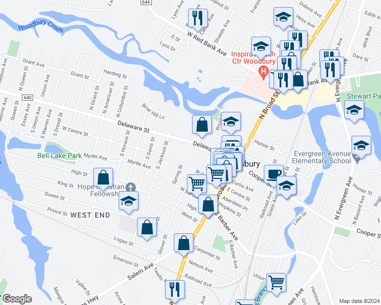 map of restaurants, bars, coffee shops, grocery stores, and more near 128 West Centre Street in Woodbury