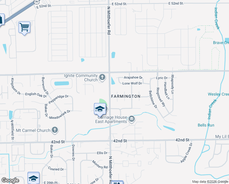 map of restaurants, bars, coffee shops, grocery stores, and more near 4442 Greenmeadow Circle in Indianapolis