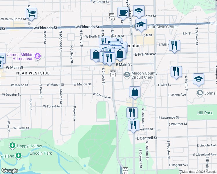 map of restaurants, bars, coffee shops, grocery stores, and more near 363 South Main Street in Decatur