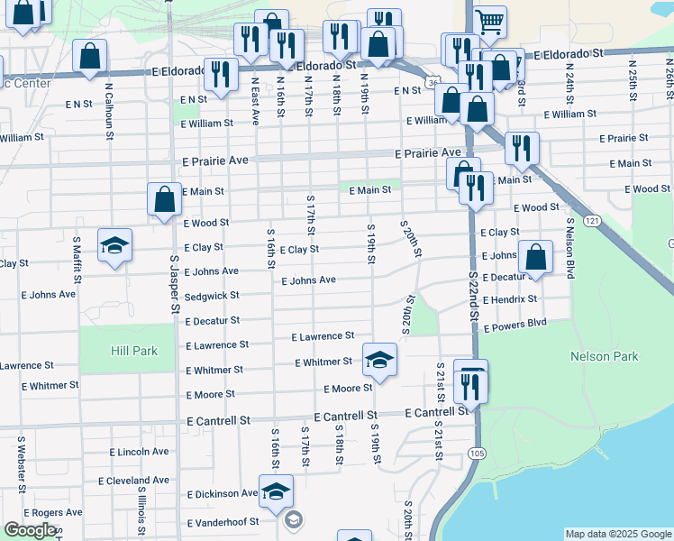 map of restaurants, bars, coffee shops, grocery stores, and more near 1701-1899 East Johns Avenue in Decatur