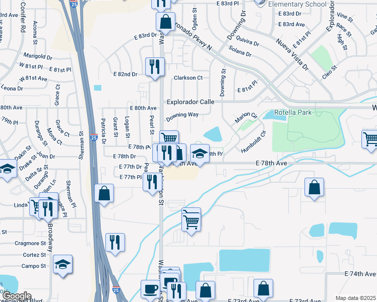 map of restaurants, bars, coffee shops, grocery stores, and more near 875 East 78th Avenue in Thornton