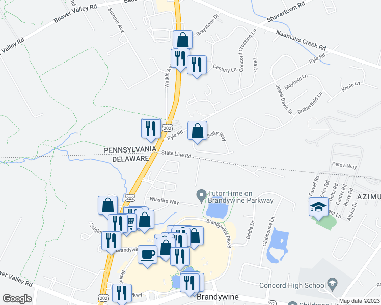 map of restaurants, bars, coffee shops, grocery stores, and more near 124 Trotters Lea Lane in Chadds Ford