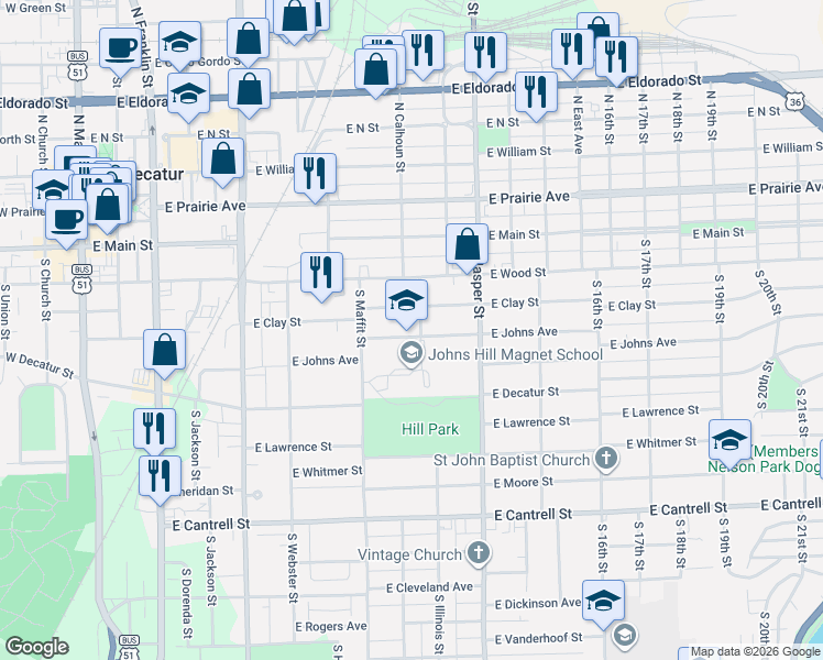 map of restaurants, bars, coffee shops, grocery stores, and more near 1065 East Johns Avenue in Decatur