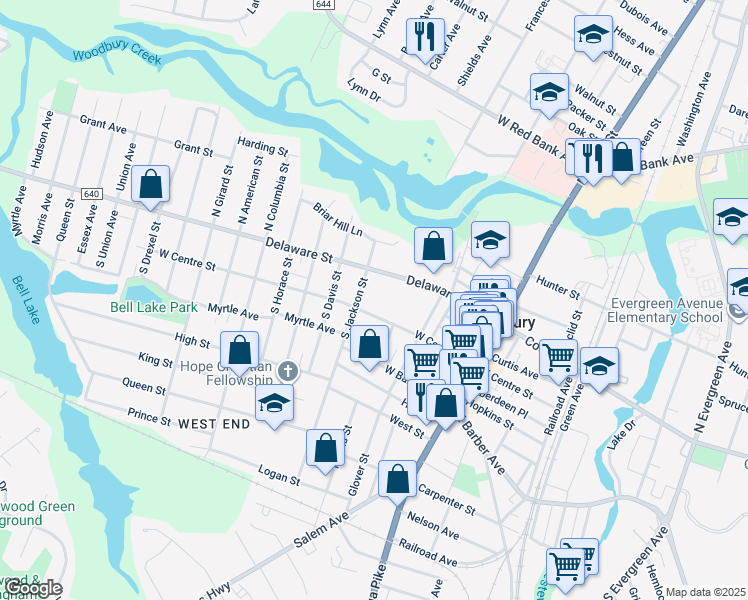map of restaurants, bars, coffee shops, grocery stores, and more near 183 Delaware Street in Woodbury