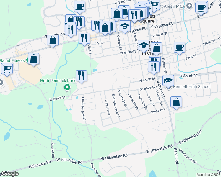 map of restaurants, bars, coffee shops, grocery stores, and more near 601 West South Street in Kennett Square
