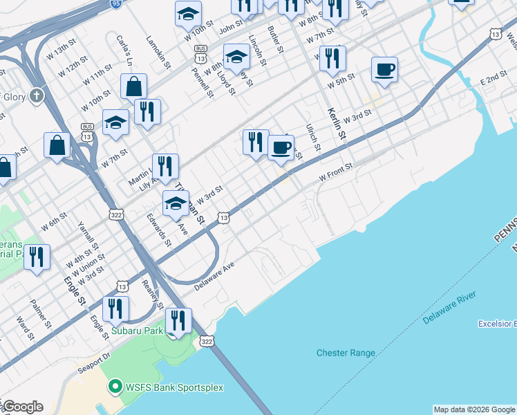 map of restaurants, bars, coffee shops, grocery stores, and more near 109 Broomall Street in Chester