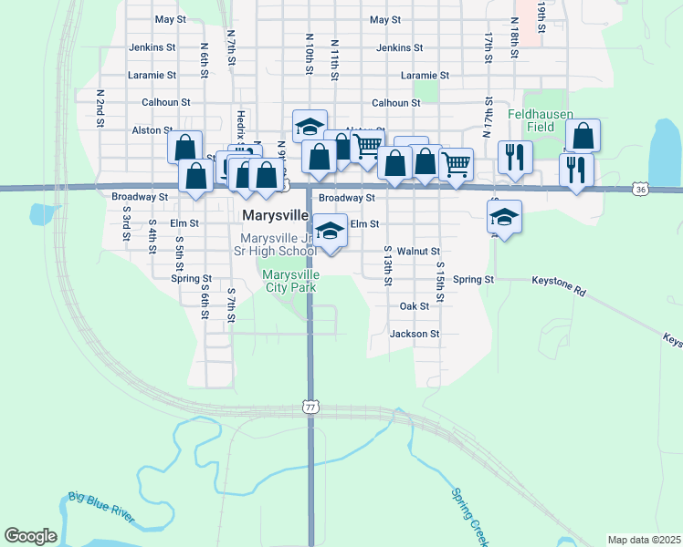 map of restaurants, bars, coffee shops, grocery stores, and more near 1111 Walnut Street in Marysville