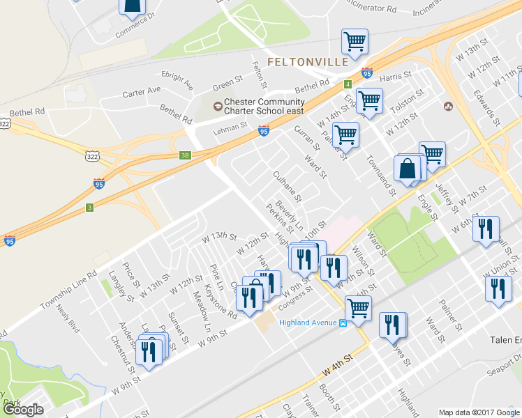 map of restaurants, bars, coffee shops, grocery stores, and more near 1305 Highland Avenue in Chester