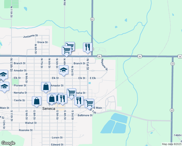 map of restaurants, bars, coffee shops, grocery stores, and more near 501-549 North 1st Street in Seneca