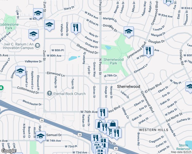 map of restaurants, bars, coffee shops, grocery stores, and more near 1725 Elmwood Lane in Denver