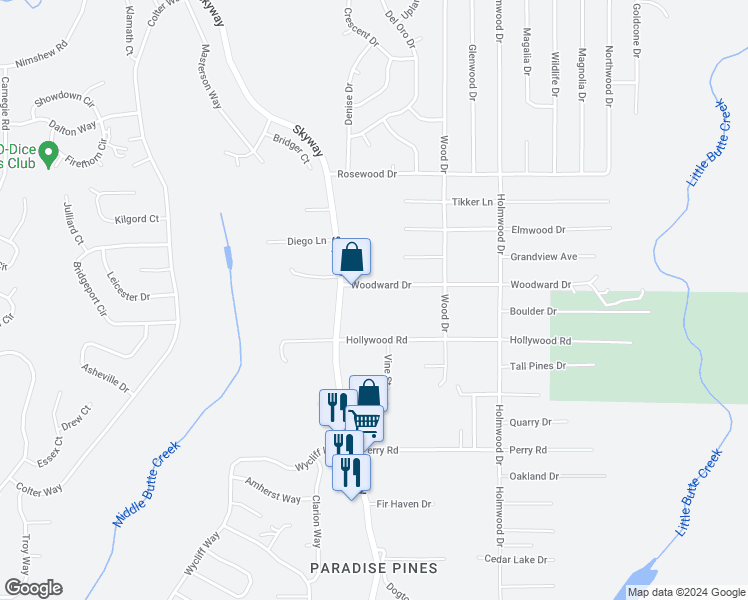 map of restaurants, bars, coffee shops, grocery stores, and more near 6443 Hollywood Road in Magalia