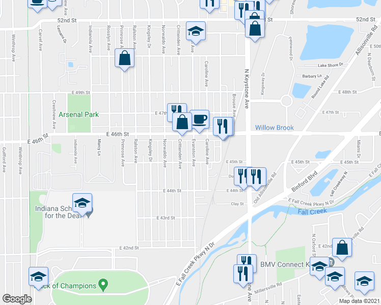 map of restaurants, bars, coffee shops, grocery stores, and more near 4502 Evanston Avenue in Indianapolis