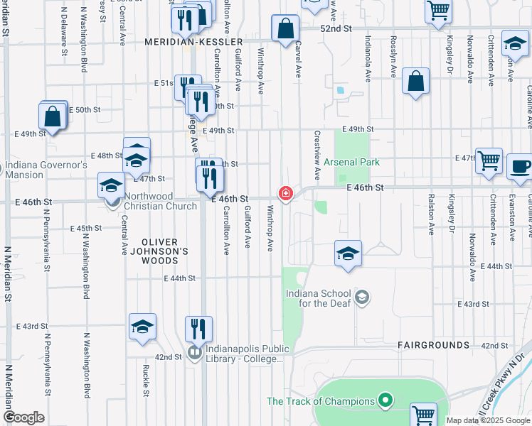 map of restaurants, bars, coffee shops, grocery stores, and more near 4525 Guilford Avenue in Indianapolis
