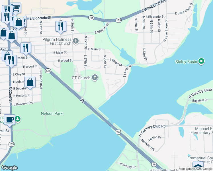 map of restaurants, bars, coffee shops, grocery stores, and more near 12 Lake Grove Club in Decatur