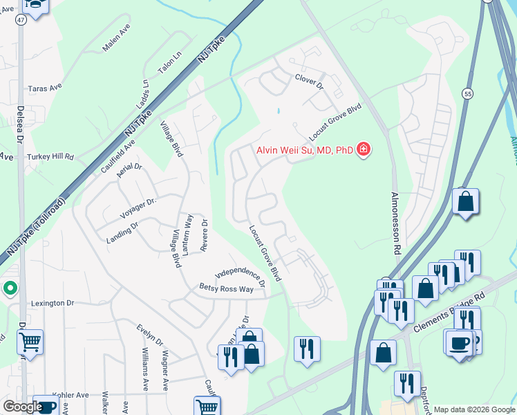 map of restaurants, bars, coffee shops, grocery stores, and more near 107 Rittenhouse Drive in Deptford
