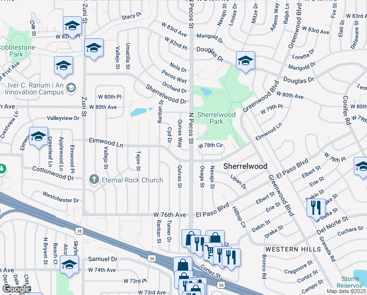map of restaurants, bars, coffee shops, grocery stores, and more near 1725 Elmwood Lane in Denver