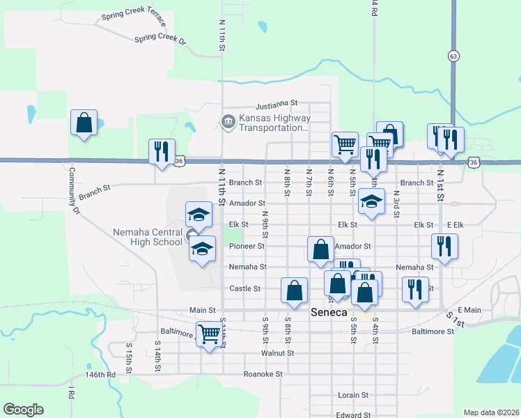 map of restaurants, bars, coffee shops, grocery stores, and more near 901-999 Elk Street in Seneca