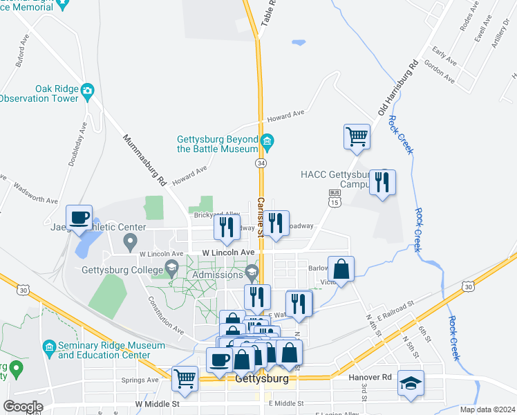 map of restaurants, bars, coffee shops, grocery stores, and more near 524 Carlisle Street in Gettysburg