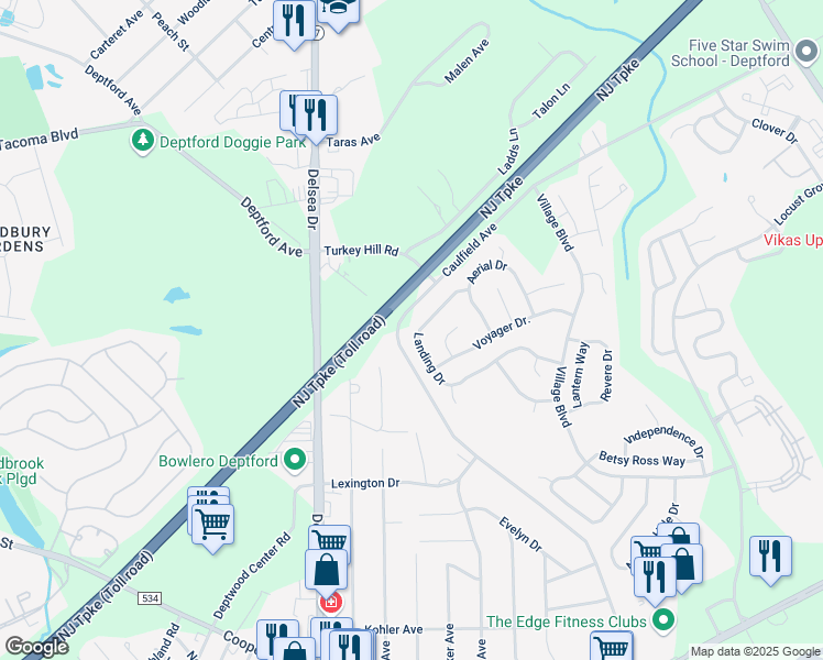 map of restaurants, bars, coffee shops, grocery stores, and more near 149 Landing Drive in Deptford