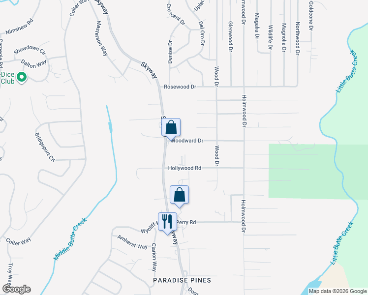 map of restaurants, bars, coffee shops, grocery stores, and more near 6438 Woodward Drive in Magalia