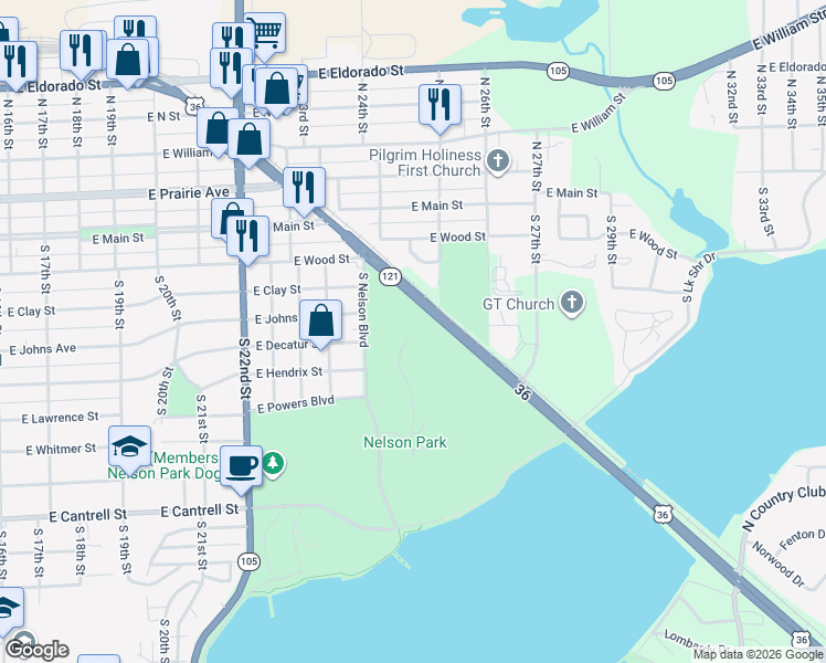 map of restaurants, bars, coffee shops, grocery stores, and more near 501 South Nelson Boulevard in Decatur