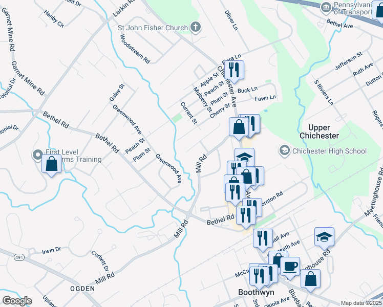map of restaurants, bars, coffee shops, grocery stores, and more near 30 Mulberry Street in Boothwyn