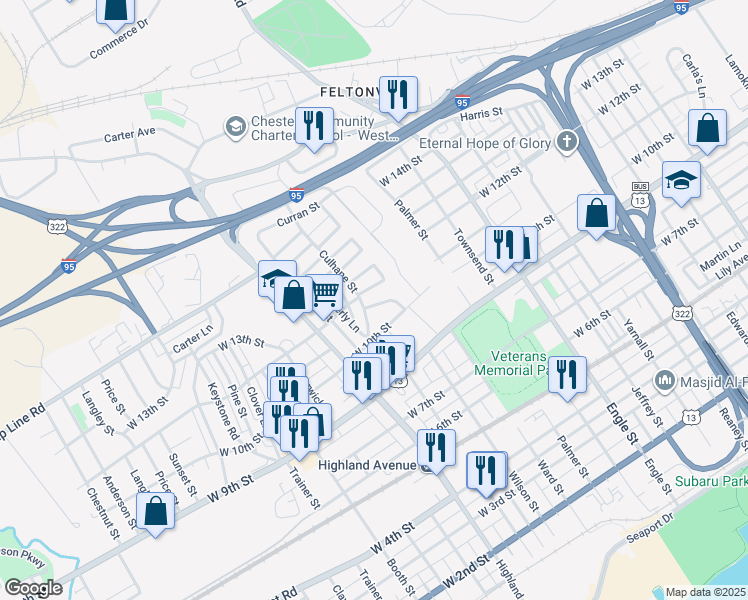 map of restaurants, bars, coffee shops, grocery stores, and more near 2606 West 10th Street in Chester