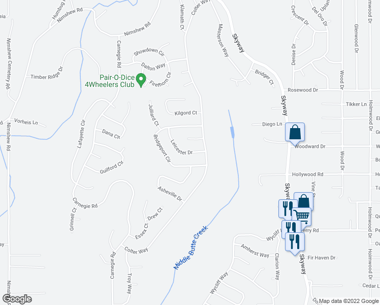 map of restaurants, bars, coffee shops, grocery stores, and more near 6232 Leicester Drive in Magalia