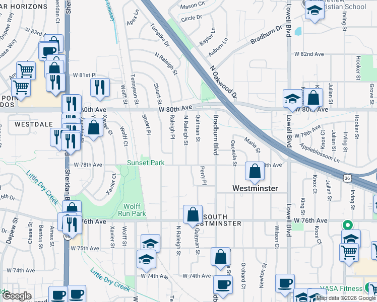 map of restaurants, bars, coffee shops, grocery stores, and more near 7811 Raleigh Street in Westminster