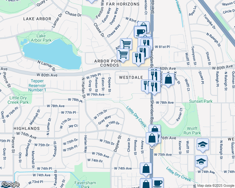 map of restaurants, bars, coffee shops, grocery stores, and more near 7913 Chase Circle in Arvada