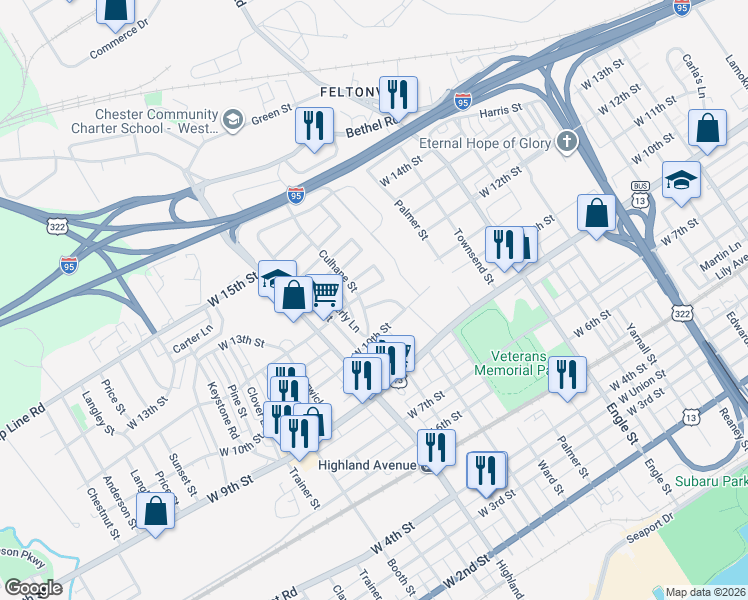 map of restaurants, bars, coffee shops, grocery stores, and more near 2606 West 10th Street in Chester