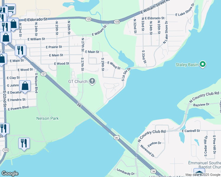 map of restaurants, bars, coffee shops, grocery stores, and more near 2 Lake Grove Club in Decatur