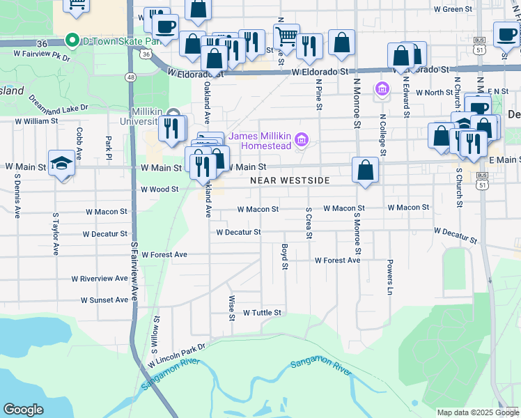 map of restaurants, bars, coffee shops, grocery stores, and more near 300 South Haworth Avenue in Decatur