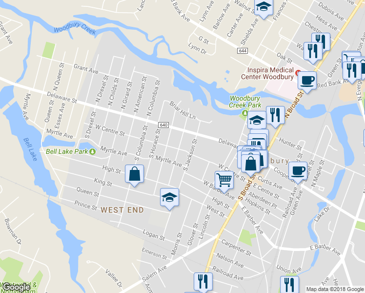 map of restaurants, bars, coffee shops, grocery stores, and more near 38 South Davis Street in Woodbury