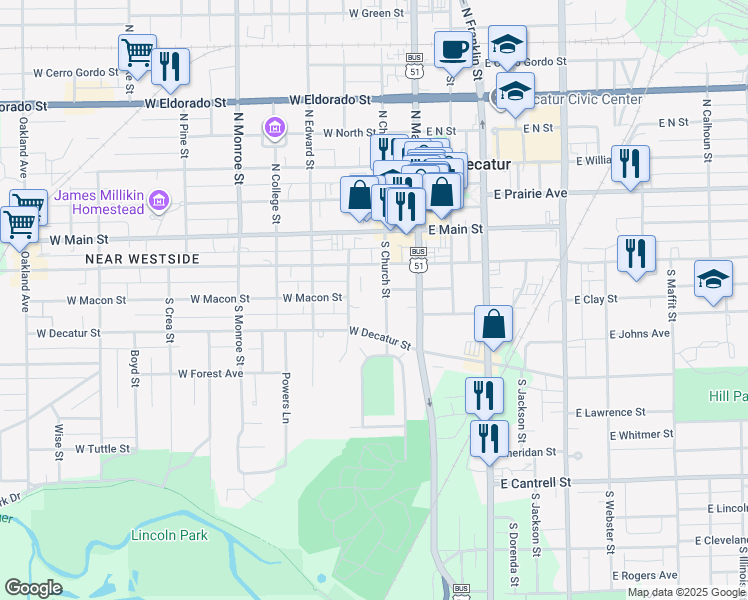 map of restaurants, bars, coffee shops, grocery stores, and more near 307 South Church Street in Decatur