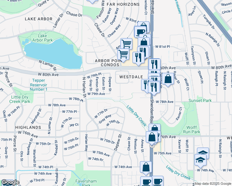 map of restaurants, bars, coffee shops, grocery stores, and more near 7913 Chase Circle in Arvada