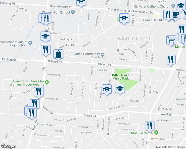 map of restaurants, bars, coffee shops, grocery stores, and more near 5860 Tomberg Street in Dayton