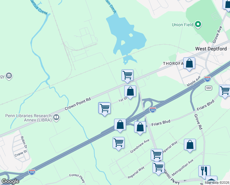 map of restaurants, bars, coffee shops, grocery stores, and more near 12 1st Street in West Deptford