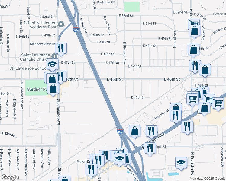 map of restaurants, bars, coffee shops, grocery stores, and more near 4517 North Hartman Drive in Indianapolis