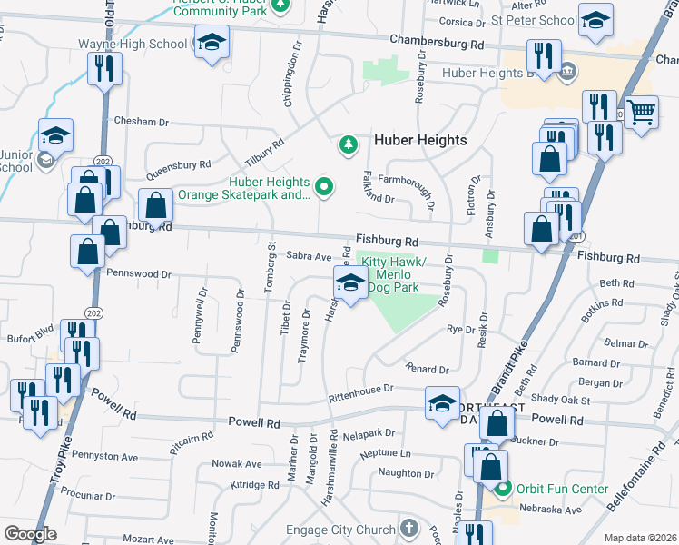 map of restaurants, bars, coffee shops, grocery stores, and more near 5841 Harshmanville Road in Dayton