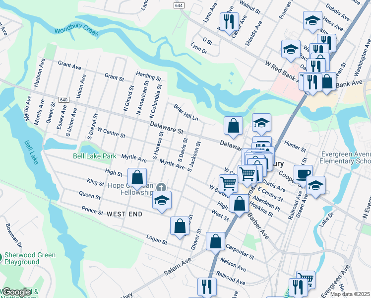map of restaurants, bars, coffee shops, grocery stores, and more near 38 South Davis Street in Woodbury