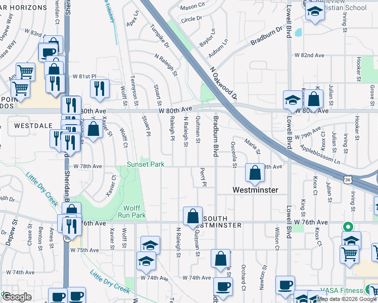 map of restaurants, bars, coffee shops, grocery stores, and more near 7811 Raleigh Street in Westminster