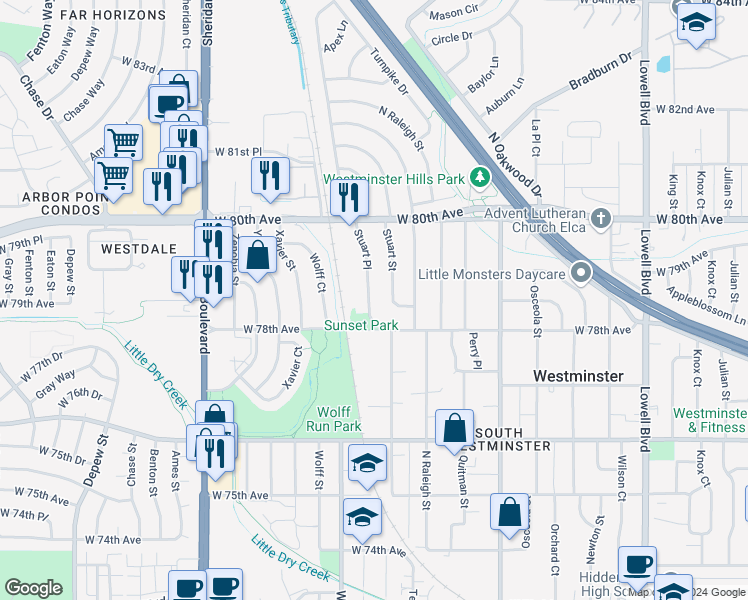 map of restaurants, bars, coffee shops, grocery stores, and more near 7848 Stuart Place in Westminster