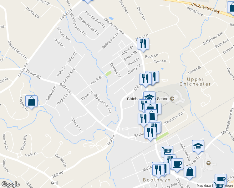 map of restaurants, bars, coffee shops, grocery stores, and more near 30 Mulberry Street in Boothwyn