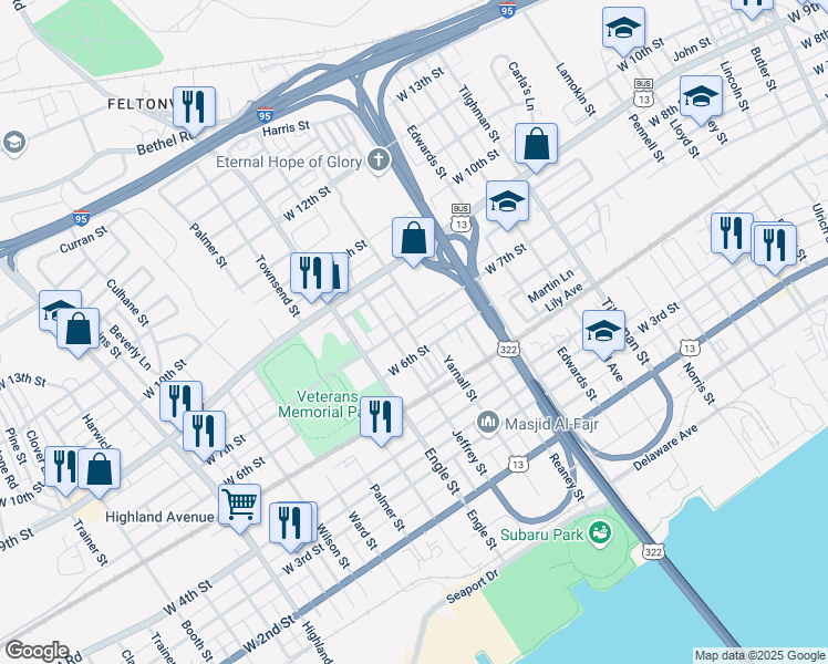 map of restaurants, bars, coffee shops, grocery stores, and more near 2011 West 7th Street in Chester