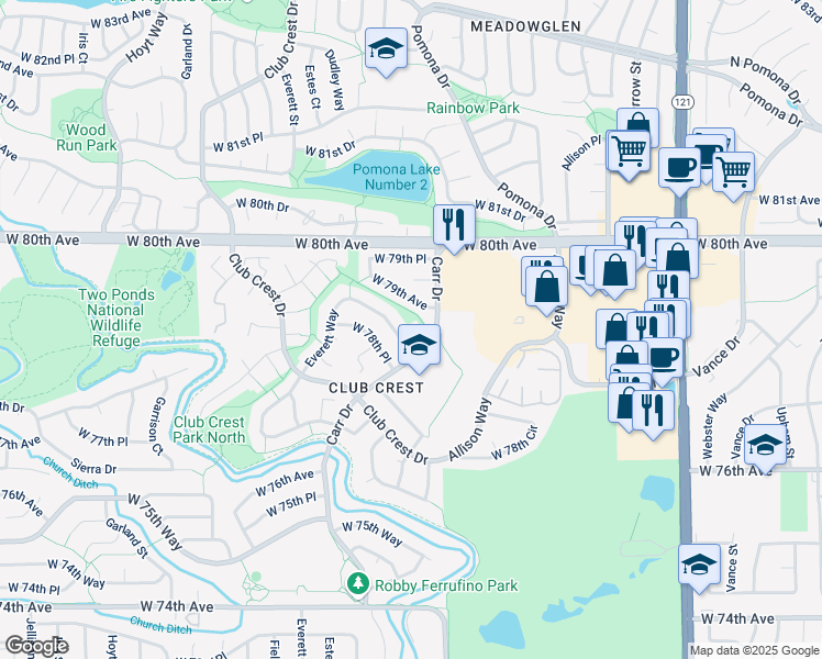 map of restaurants, bars, coffee shops, grocery stores, and more near 7890 Everett Way in Arvada